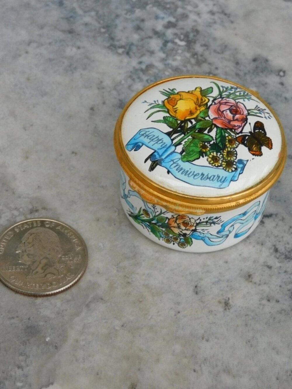Halcyon Days Bilston & Battersea Enamels "Happy Anniversary" Trinket Box